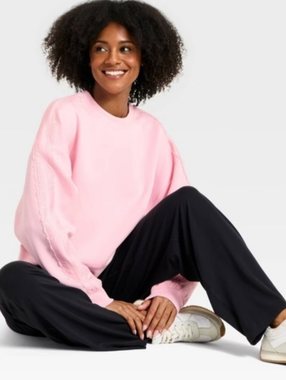 Women's Airy Sleek Lace Trim Crewneck Sweatshirt - All In Motion Light Pink XL